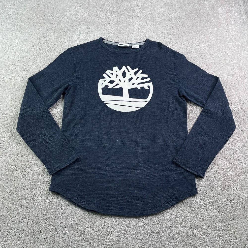 Timberland Shirt Mens Medium Blue Thermal‎ Crewneck Slim Fit Chenille Patch Logo